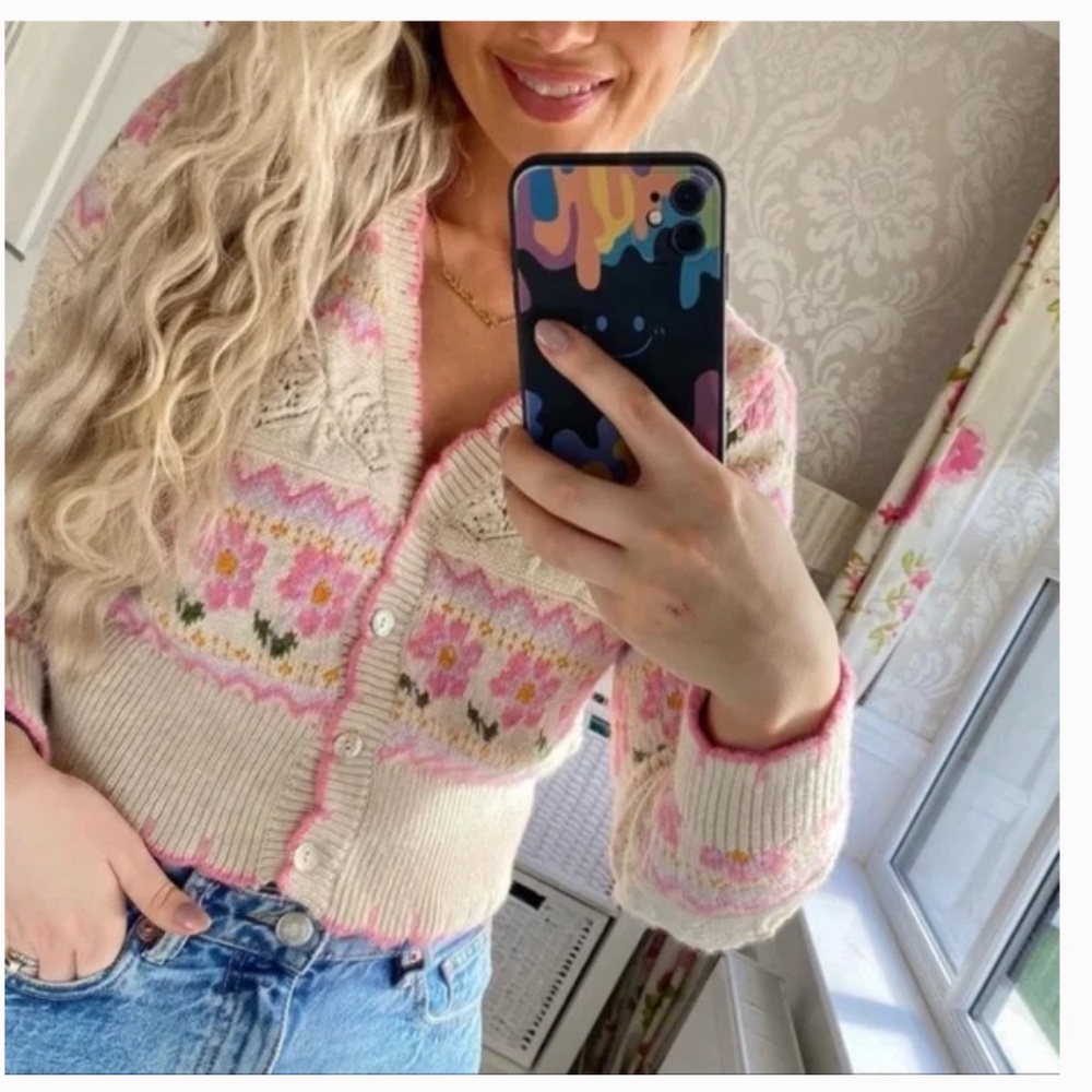 Zara Blogger Fave Floral Jacquard Knit Cropped Cardigan Small - Picture 3 of 14